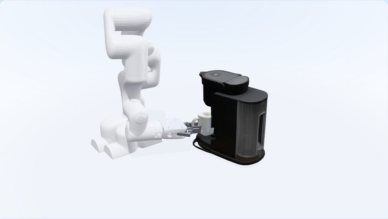 The xArm7 carrying a mug to a coffee machine in MuJoCo.
